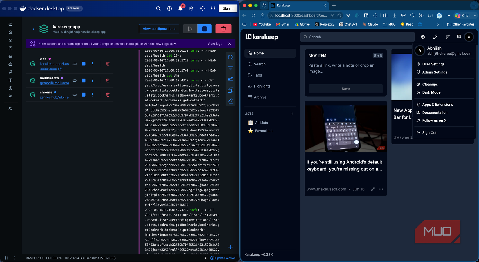 Karakeep and Docker windows side by side