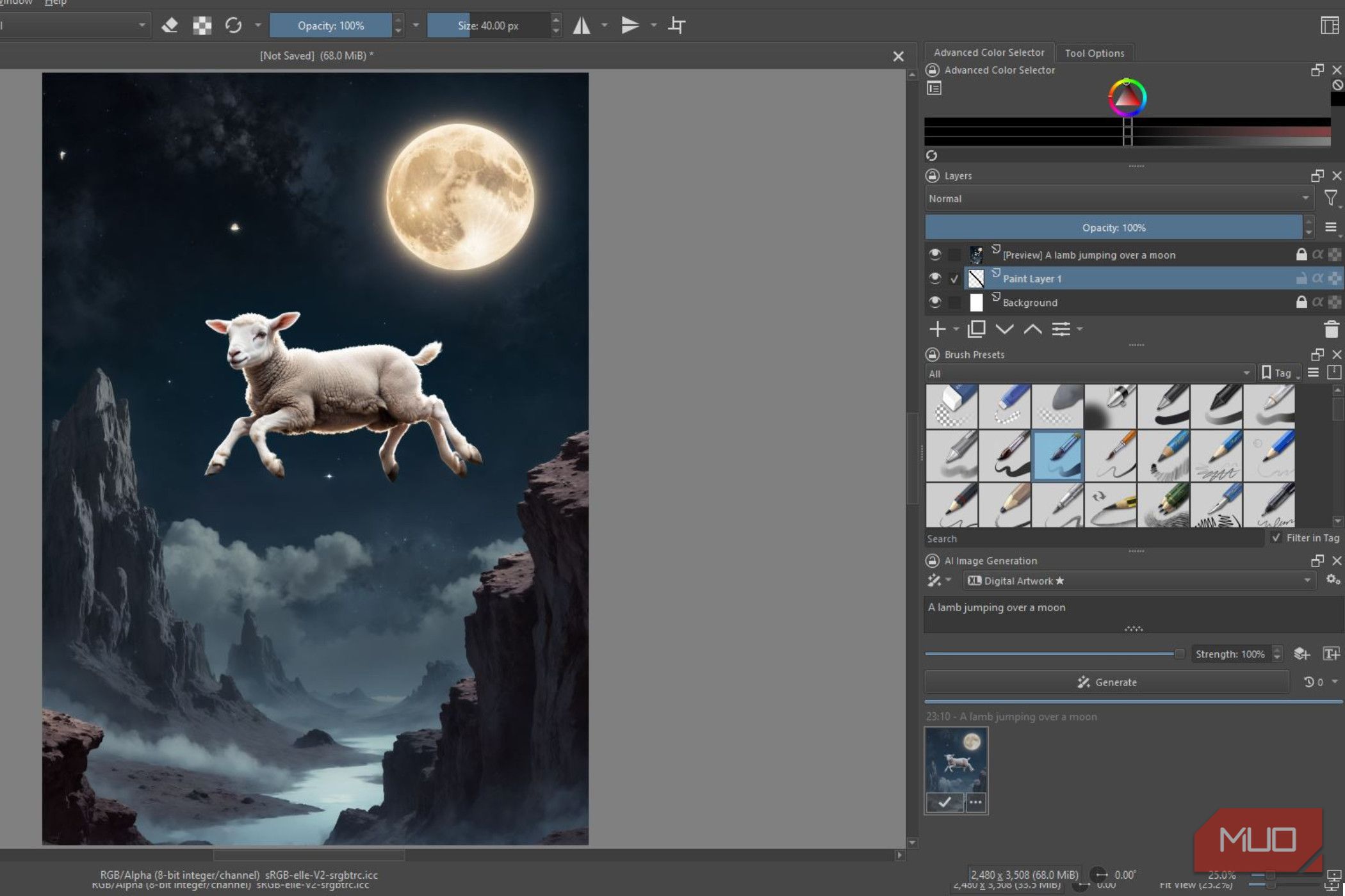 Krita making a lamb jump near the moon.
