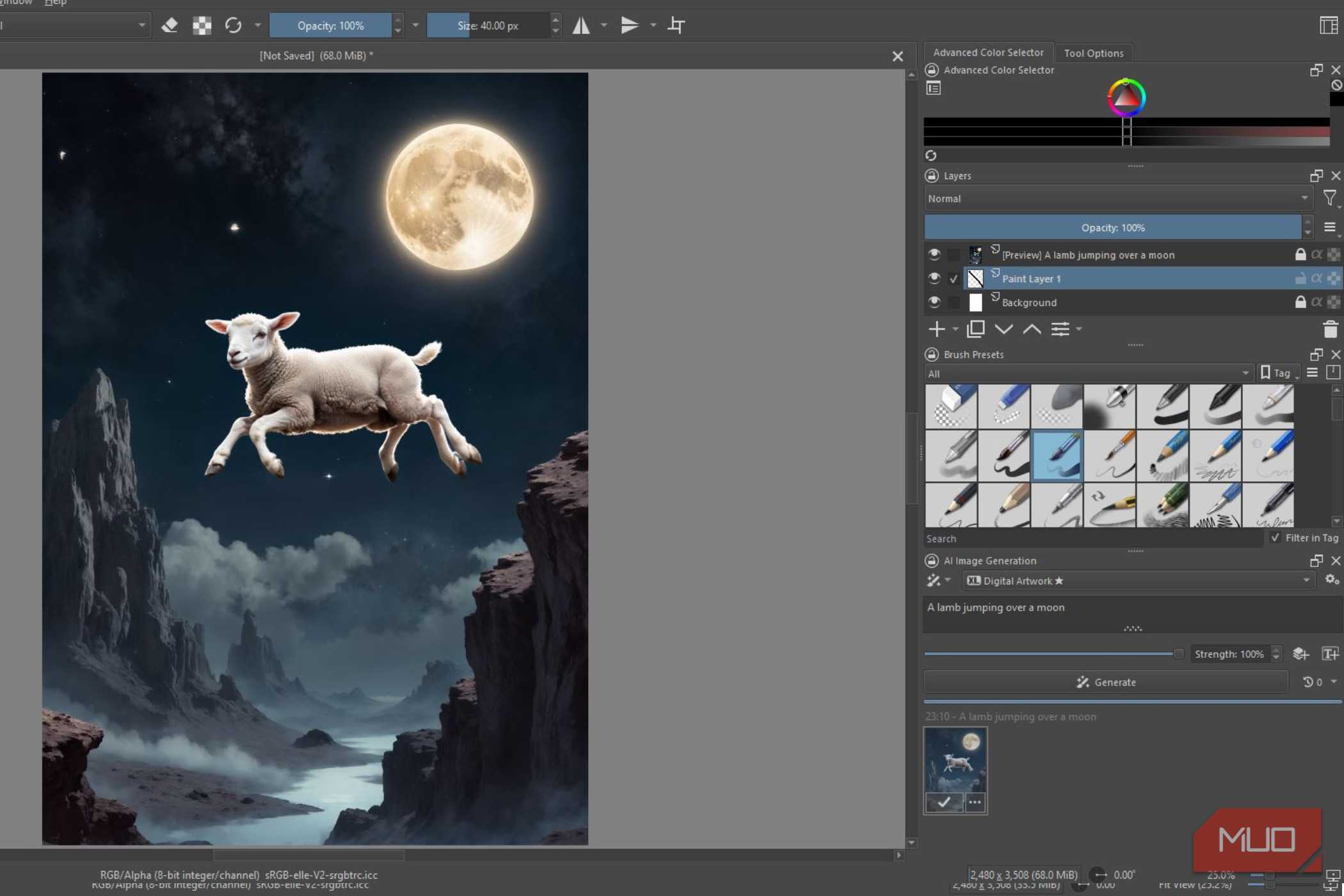 Krita making a lamb jump near the moon.