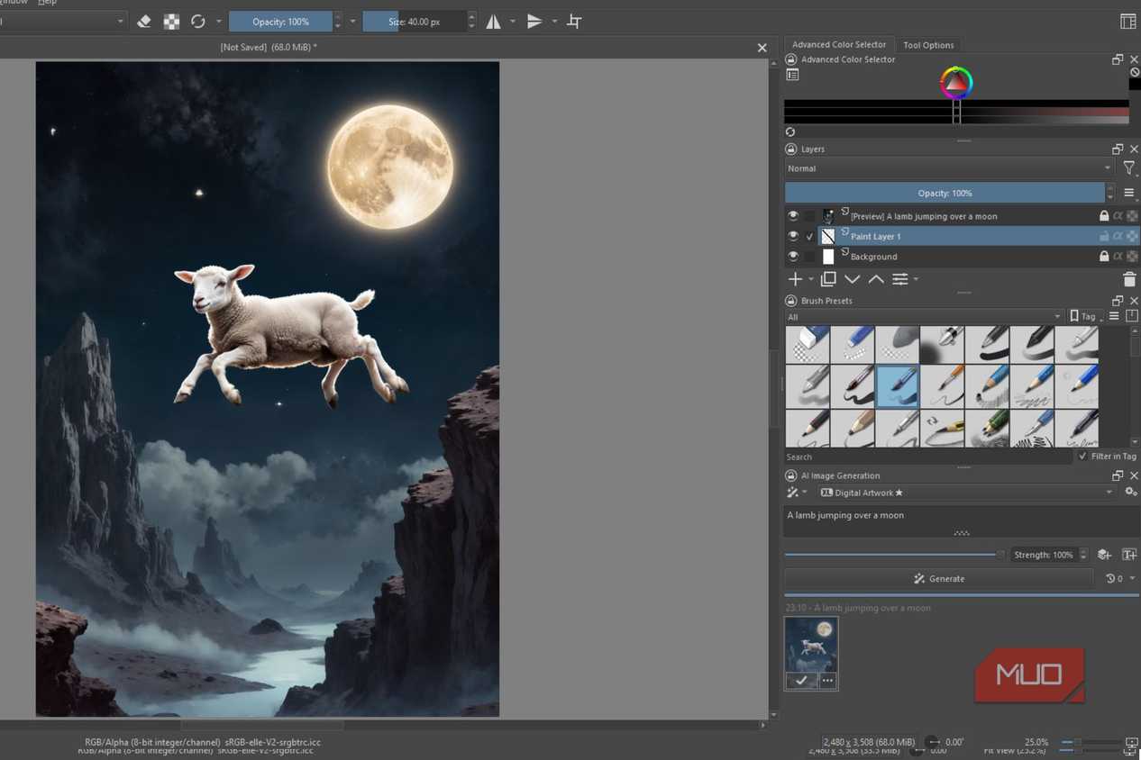 Krita making a lamb jump near the moon.