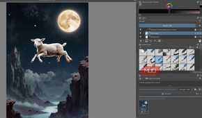 Krita making a lamb jump near the moon.