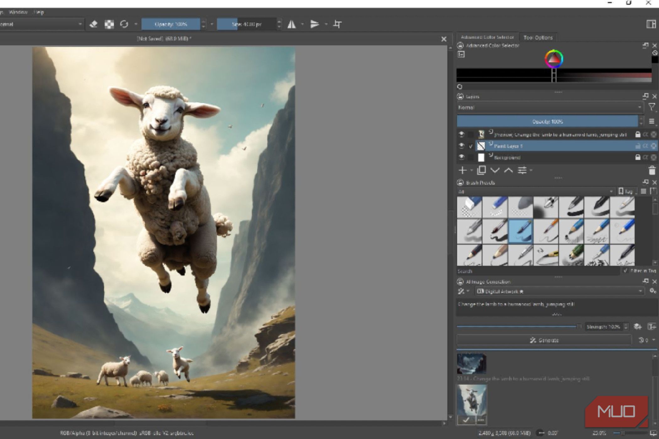 Krita modifying a lamb jumping picture with AI.