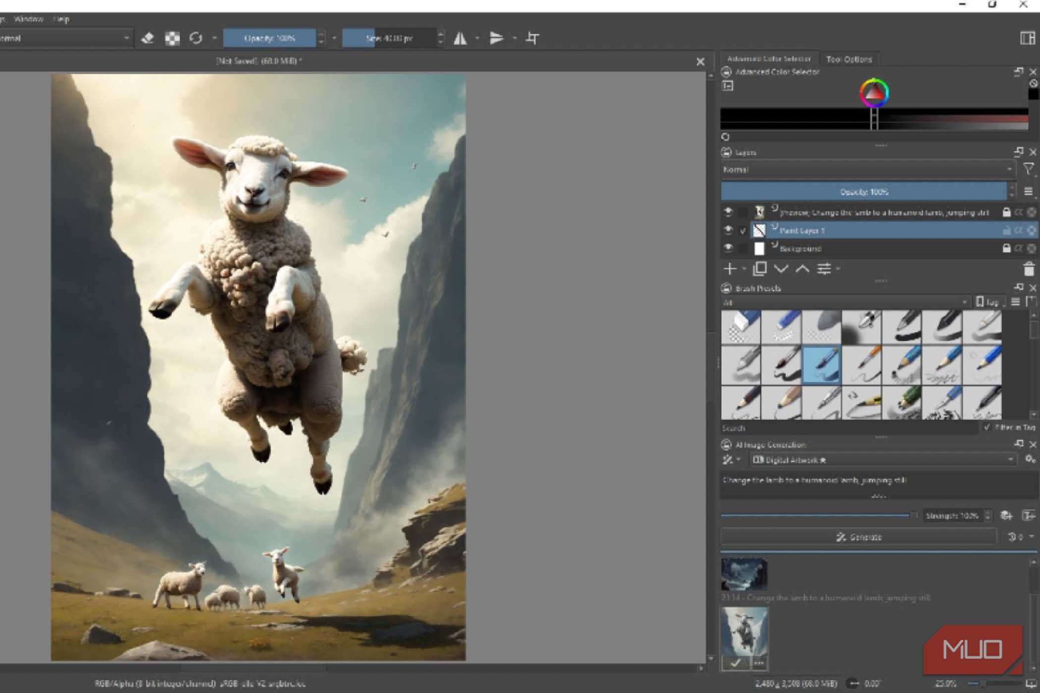 Krita modifying a lamb jumping picture with AI.
