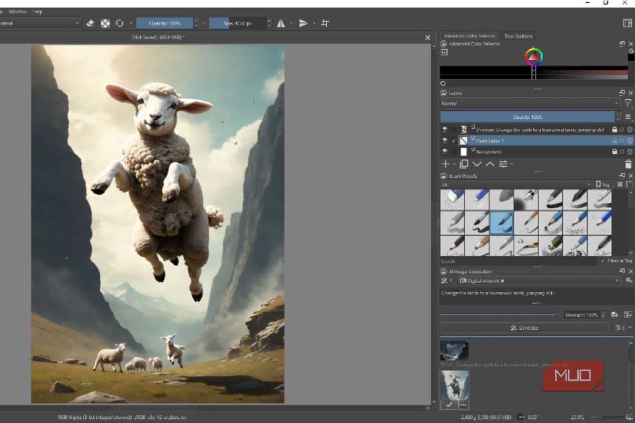 Krita modifying a lamb jumping picture with AI.