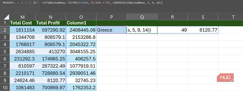 LET + FILTER + CHOOSECOLS in Excel.