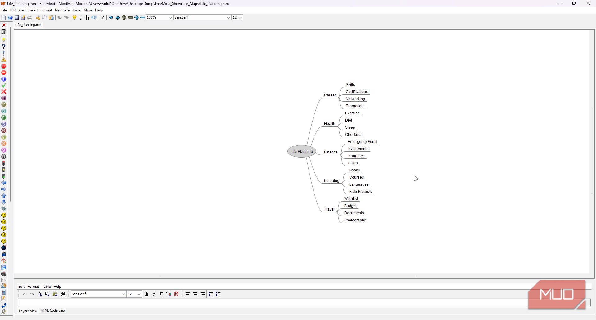 Life planning mind map in FreeMind.