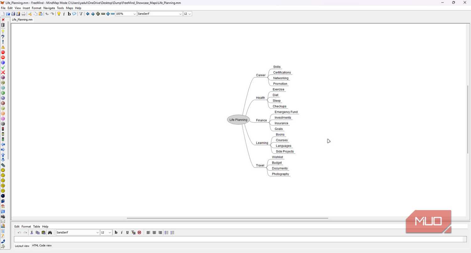 Life planning mind map in FreeMind.