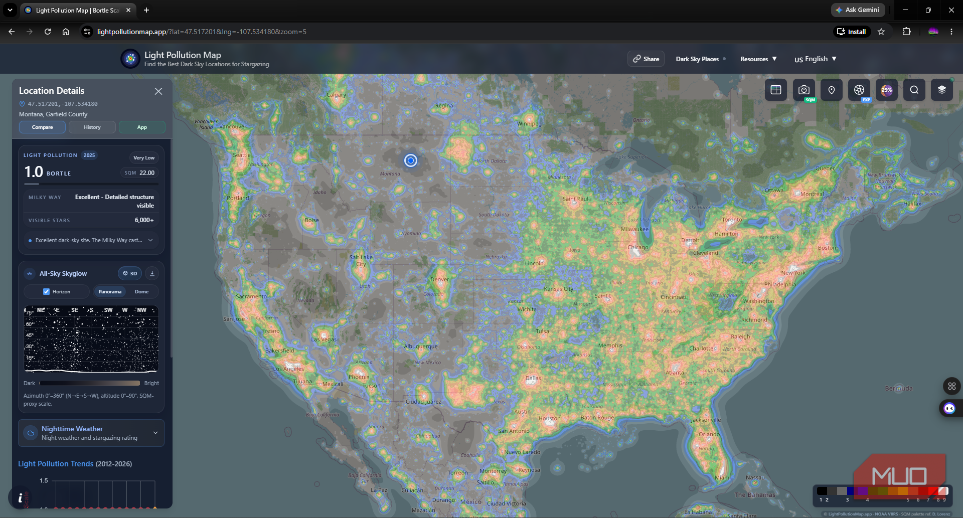 Light Pollution Maps App showing a Bortle class 1 region in Montana USA