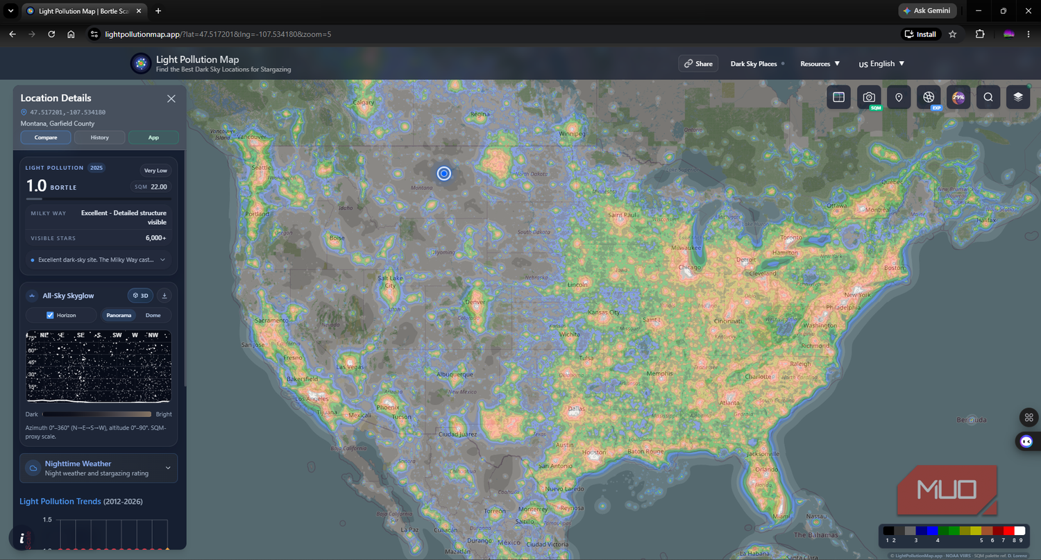 Light Pollution Maps App showing a Bortle class 1 region in Montana USA