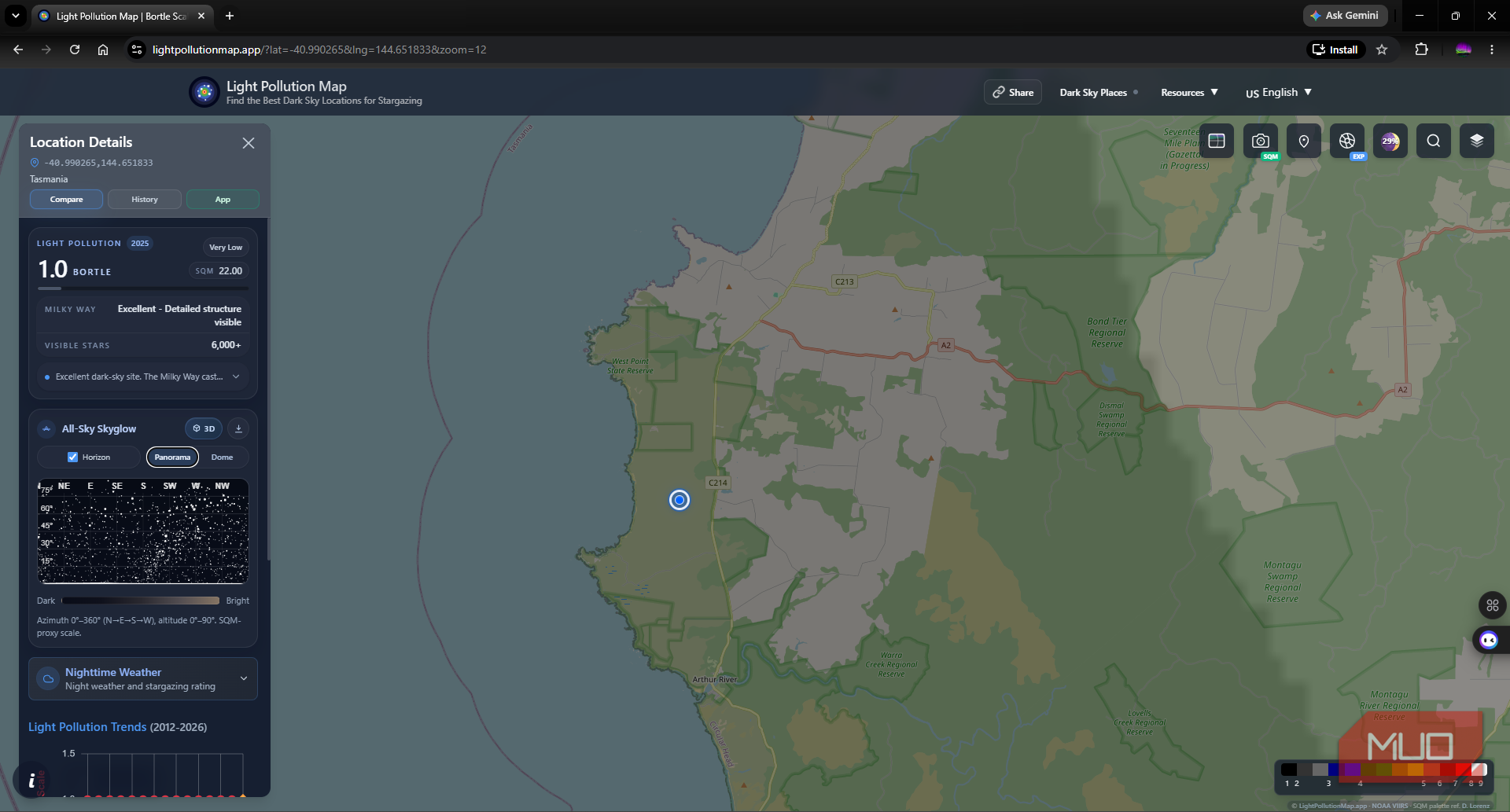 Light Pollution Maps App showing a Bortle class 1 region in Tasmania Australia
