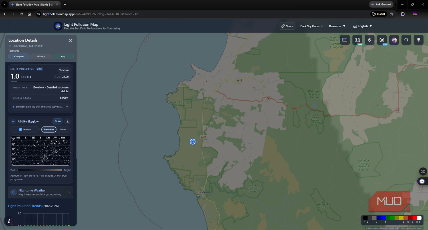 Light Pollution Maps App showing a Bortle class 1 region in Tasmania Australia