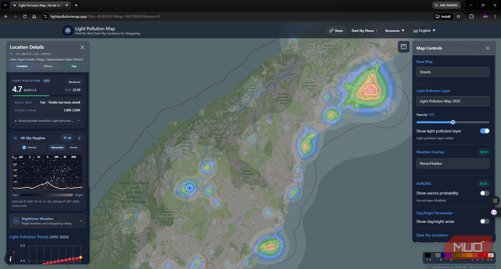 Light Pollution Maps App showing a Bortle class 4 region in New Zealand