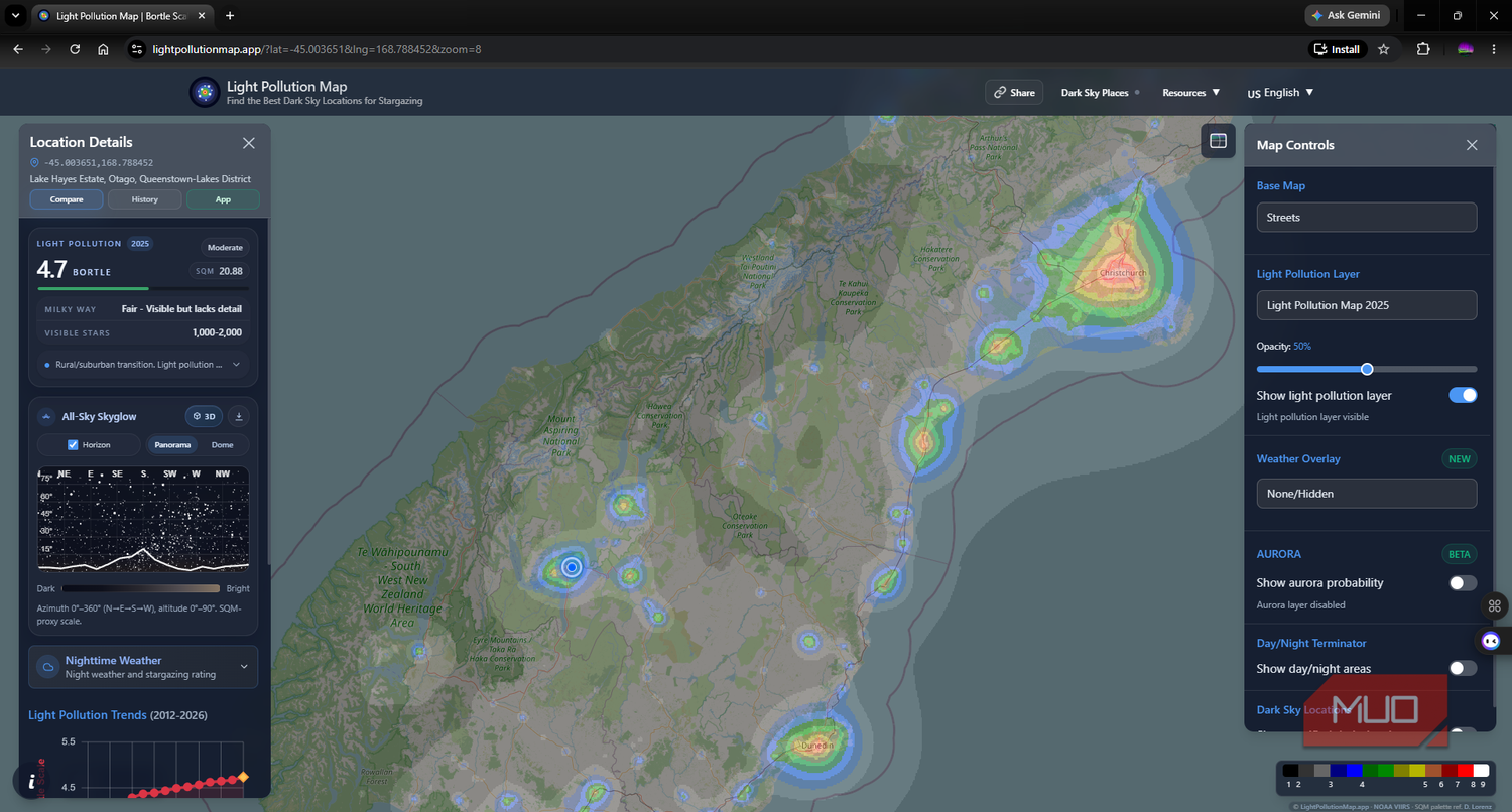 Light Pollution Maps App showing a Bortle class 4 region in New Zealand
