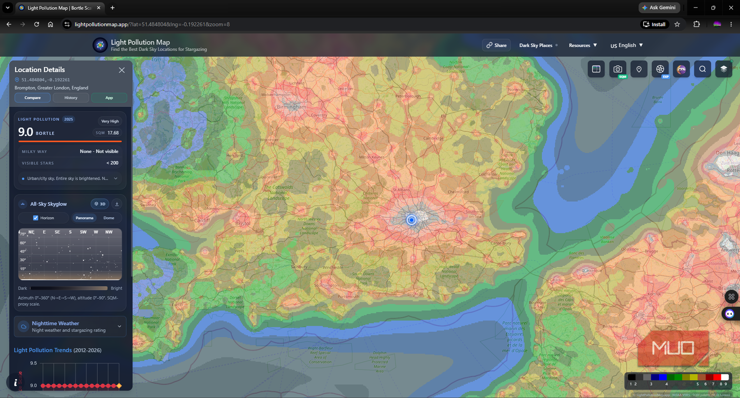 Light Pollution Maps App showing a Bortle class 9 city in London
