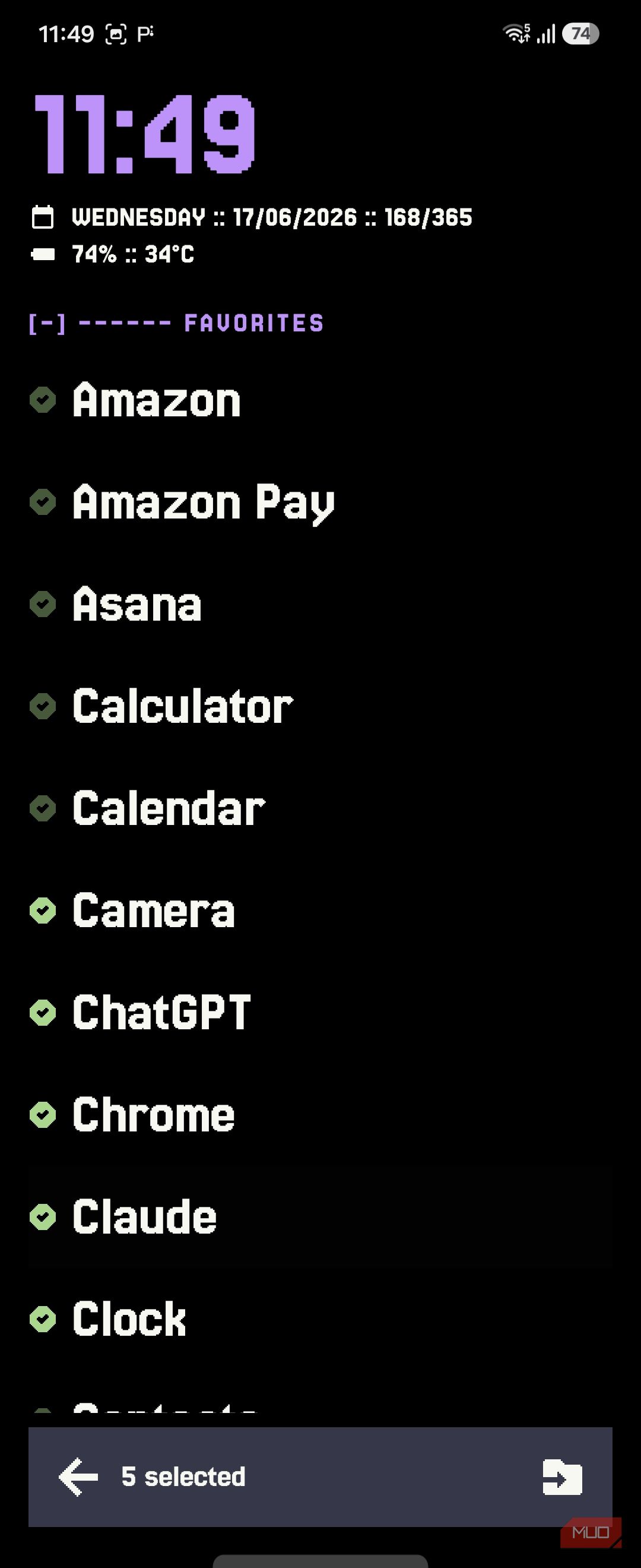 Mako favorites app list with 5 apps selected