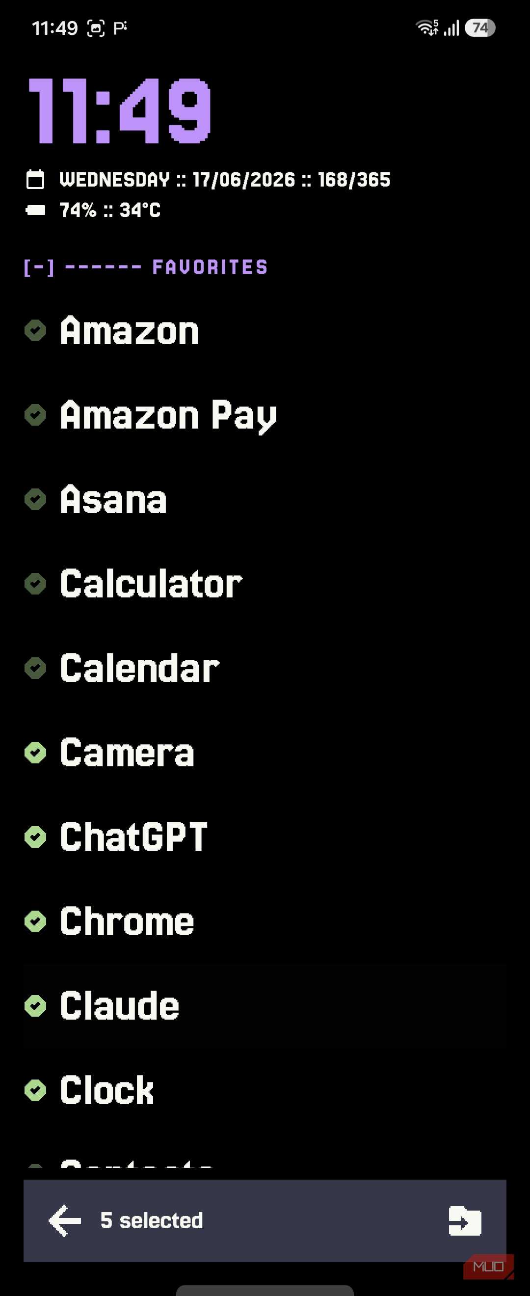 Mako favorites app list with 5 apps selected