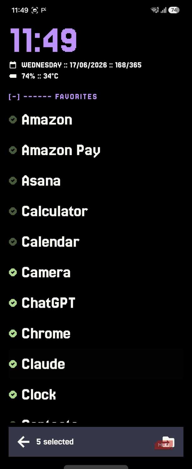 Mako favorites app list with 5 apps selected