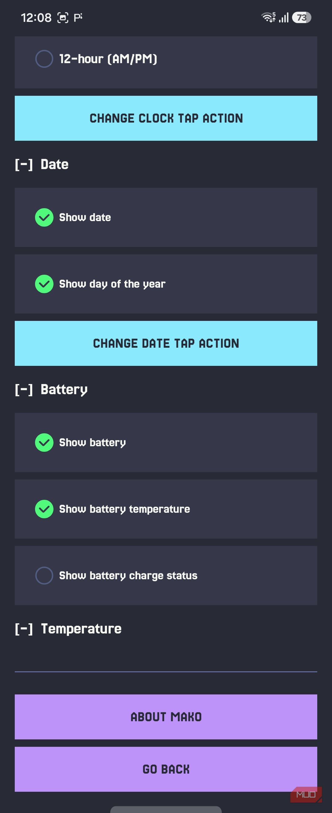 Mako settings date battery and temperature
