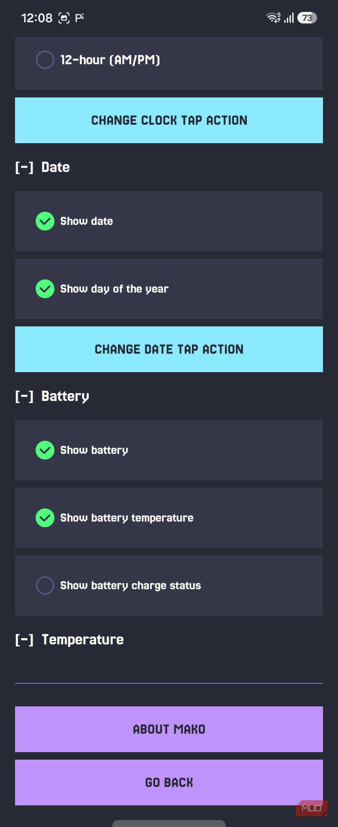 Mako settings date battery and temperature