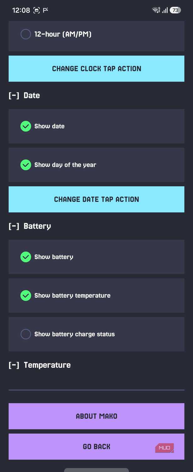 Mako settings date battery and temperature