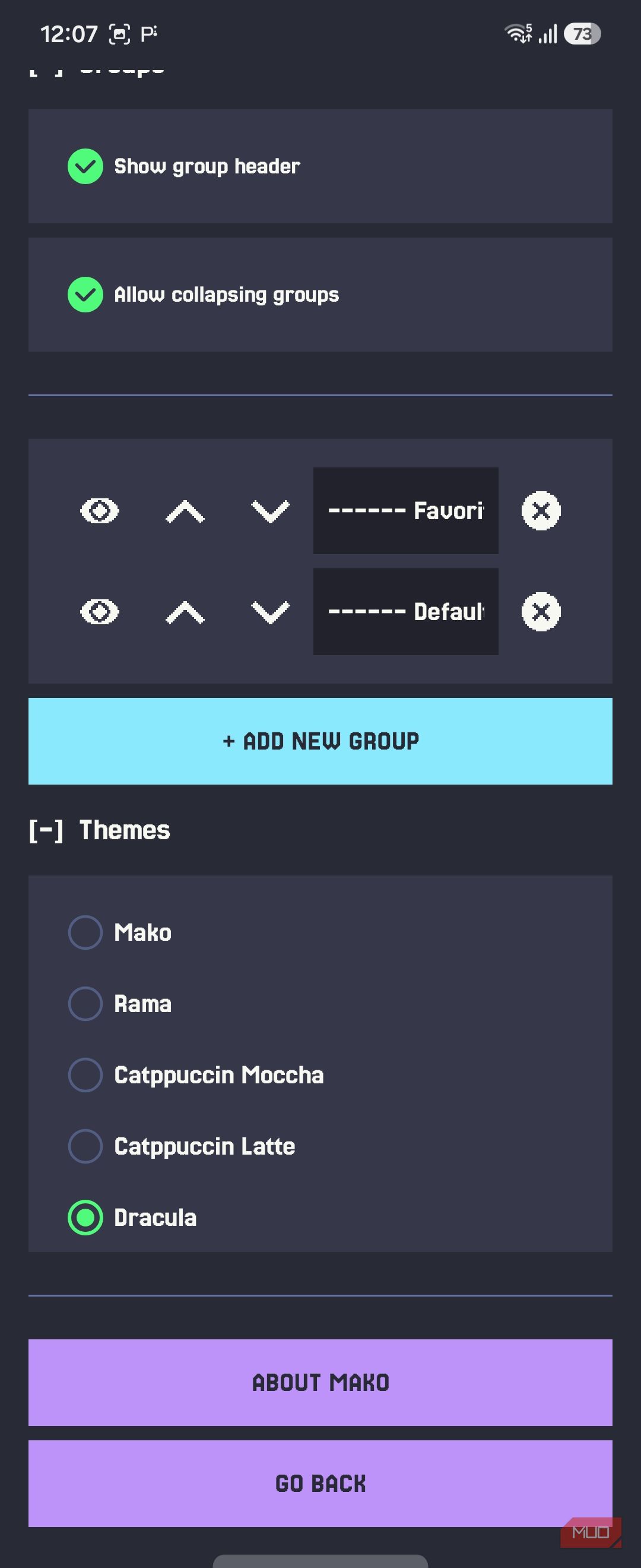 Mako settings groups and themes Dracula selected
