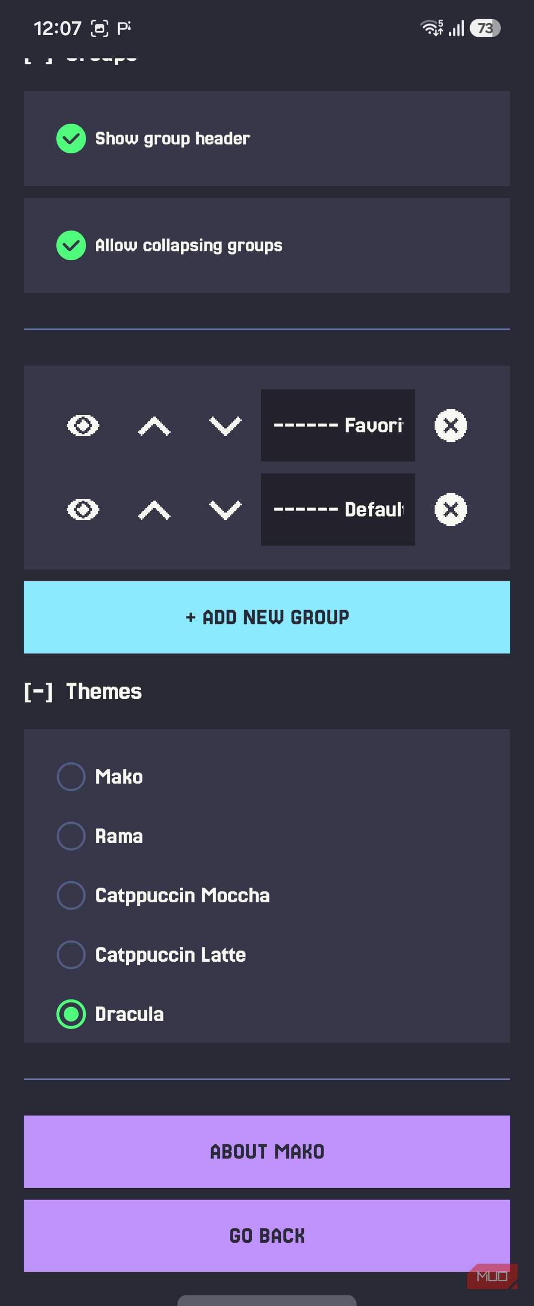 Mako settings groups and themes Dracula selected
