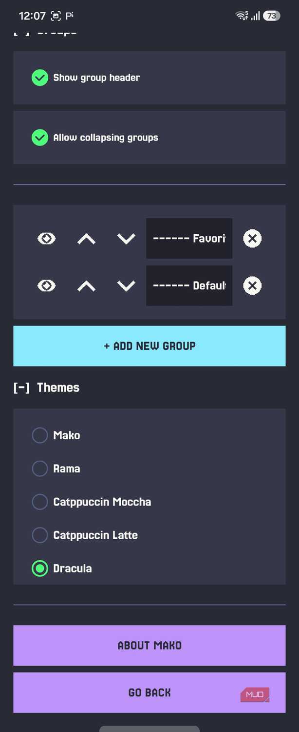 Mako settings groups and themes Dracula selected