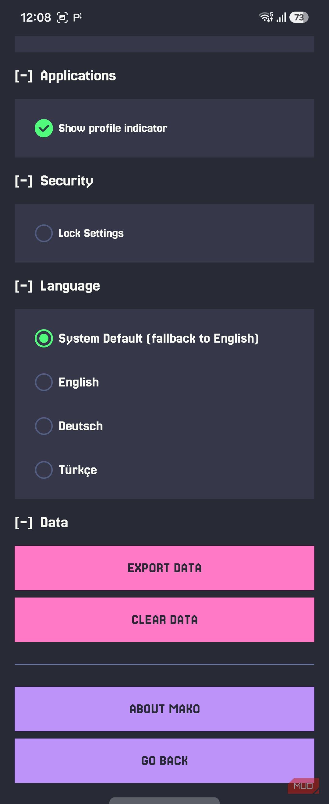 Mako settings language and data export clear