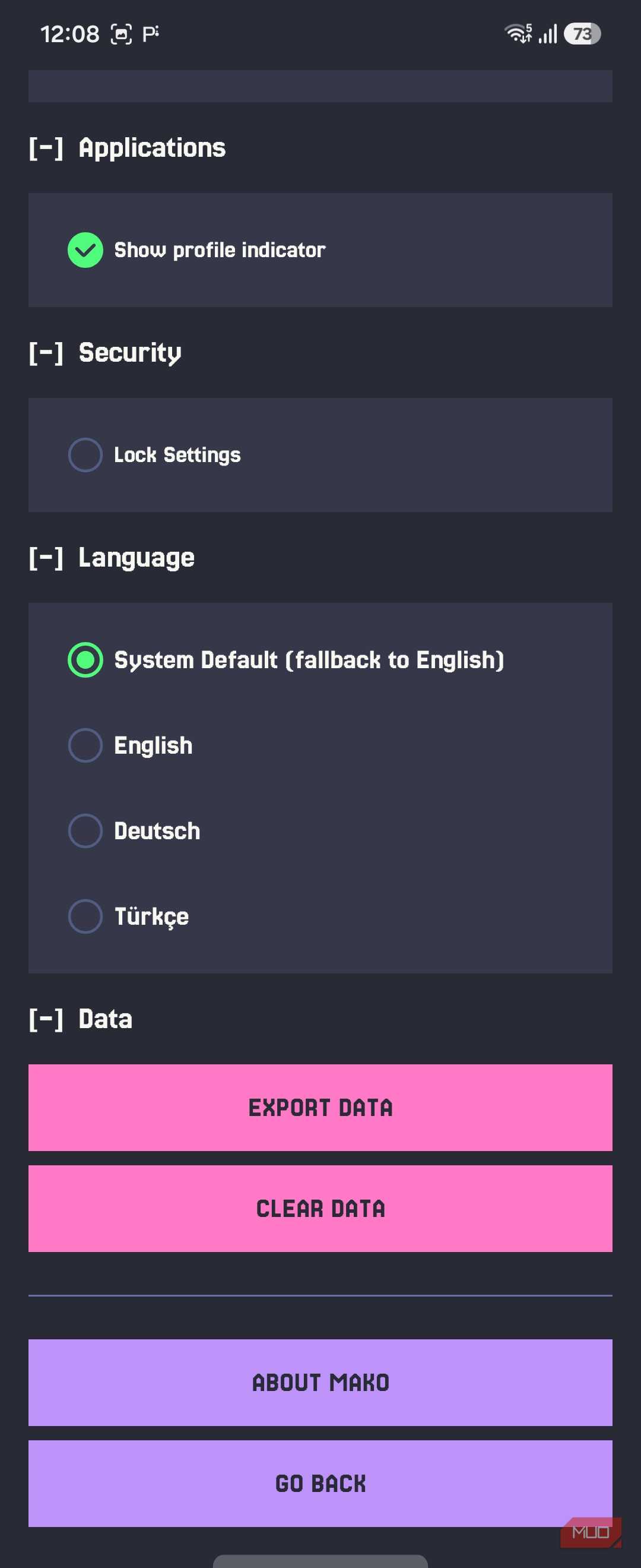 Mako settings language and data export clear