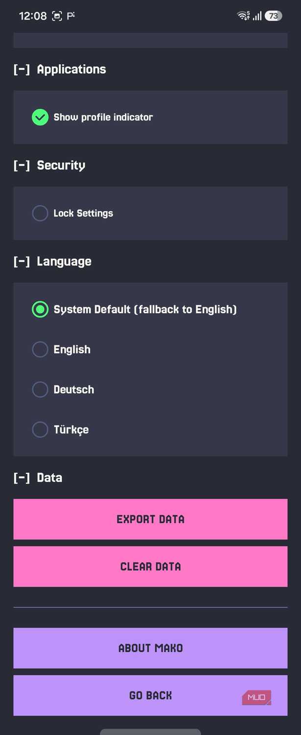 Mako settings language and data export clear