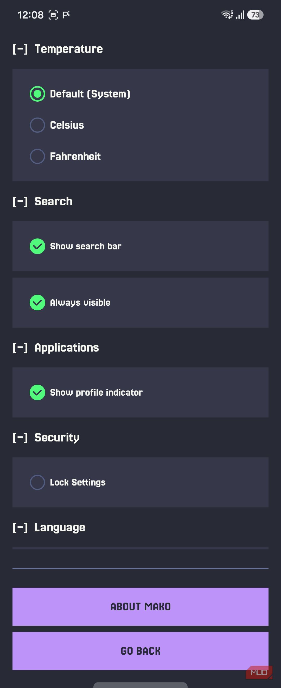 Mako settings search applications security language