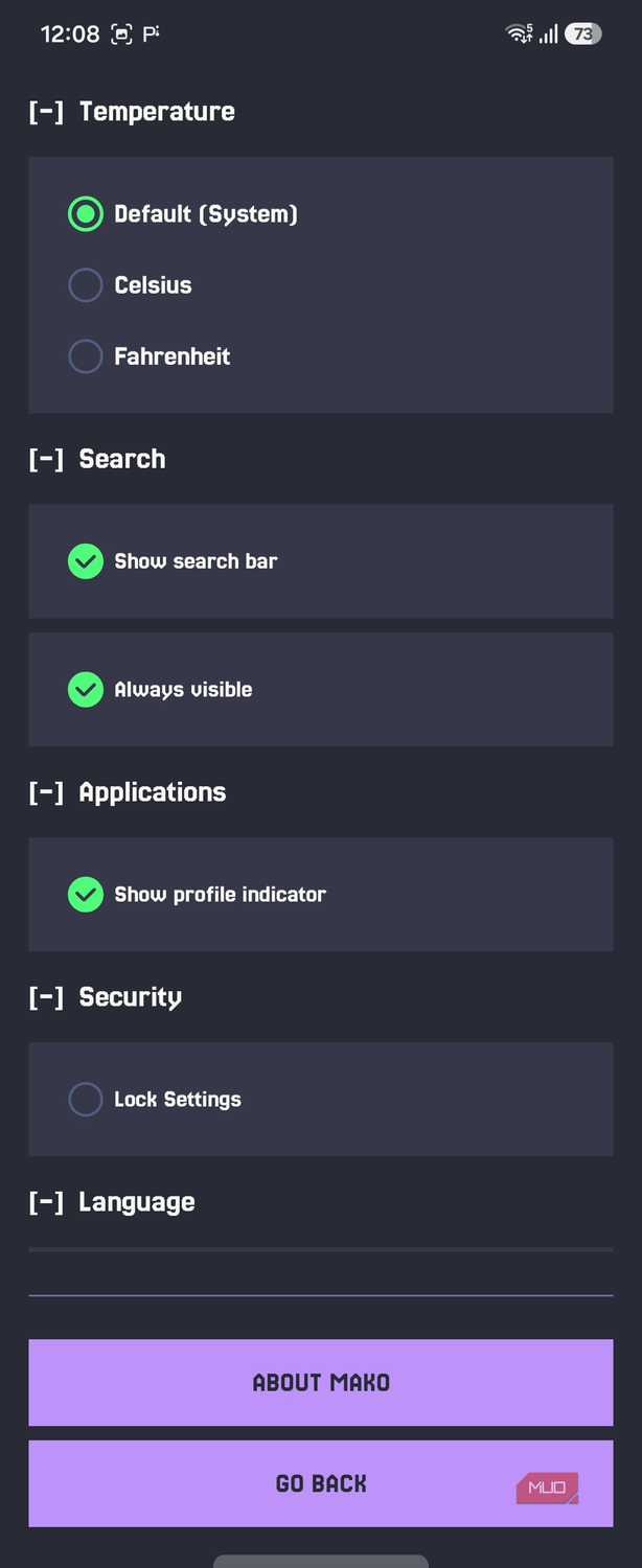 Mako settings search applications security language