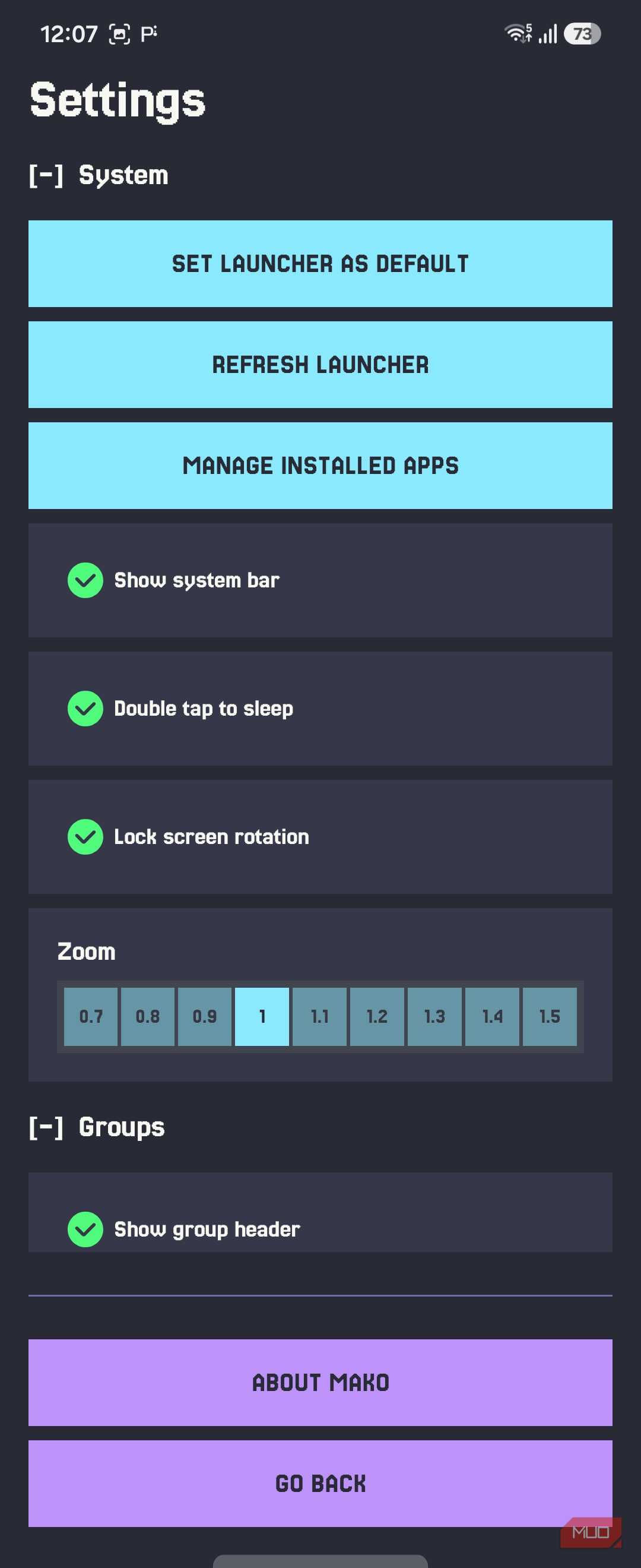 Mako settings system section top