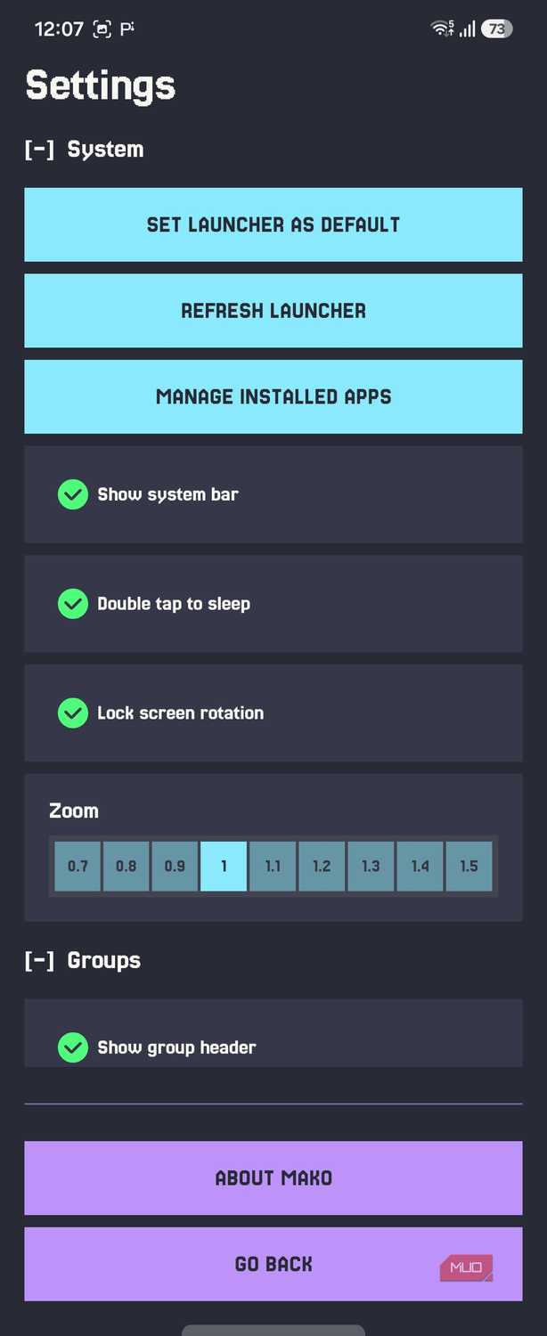 Mako settings system section top