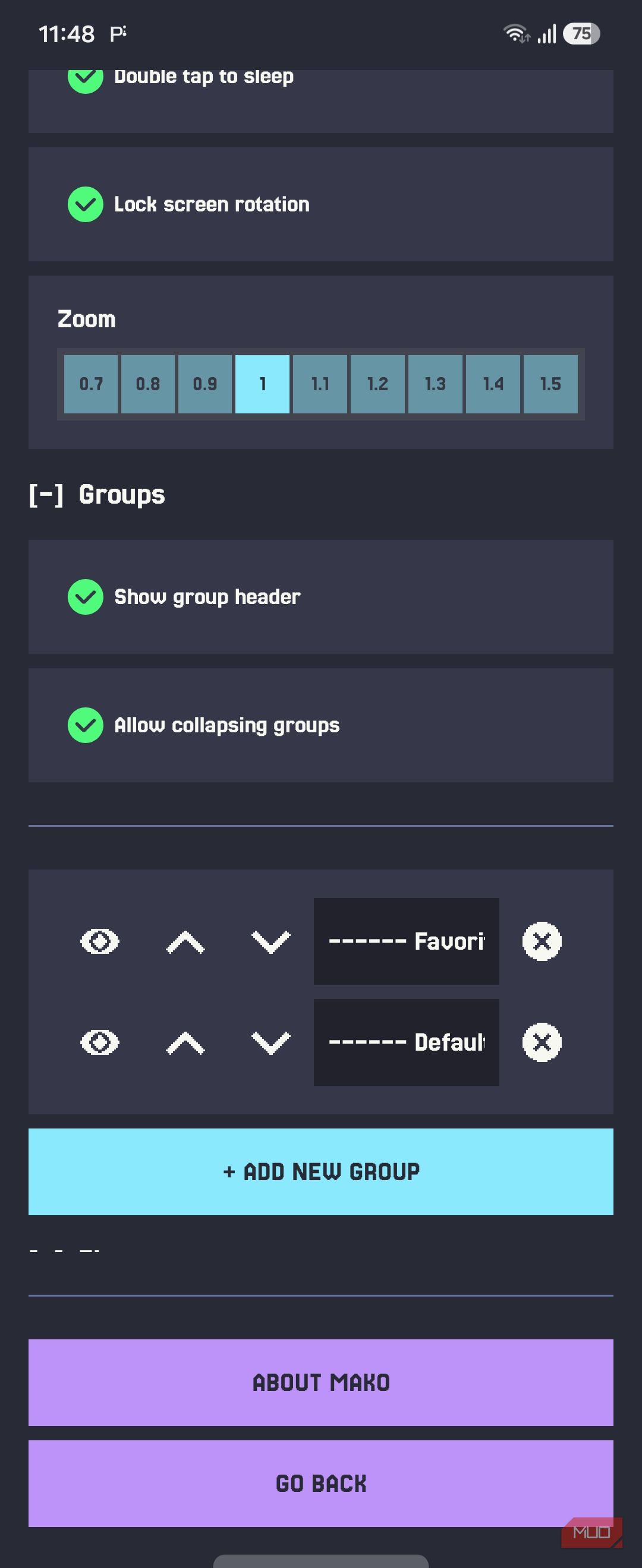 Mako settings zoom groups and group order editor