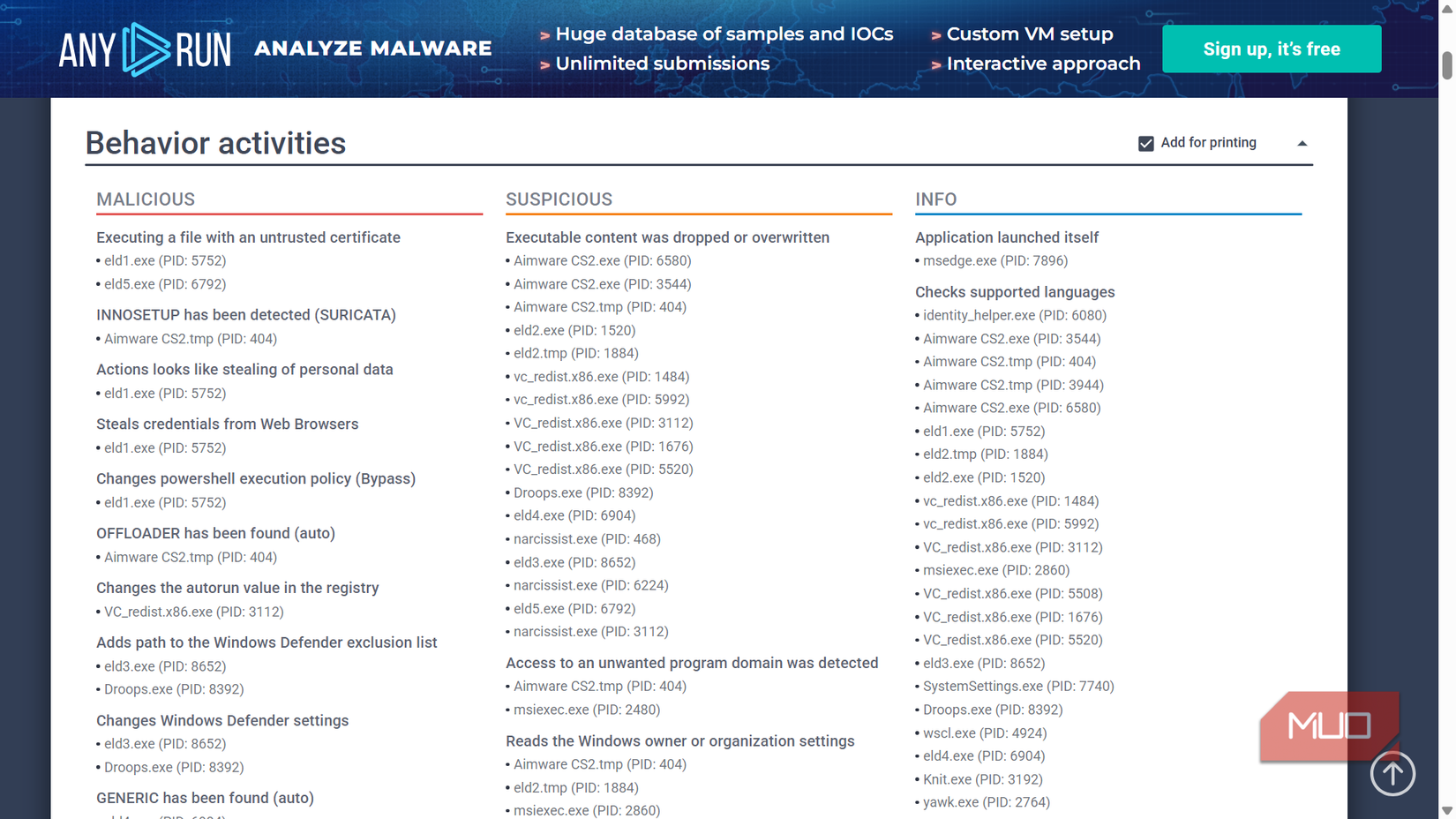 Malware behavior activities summary