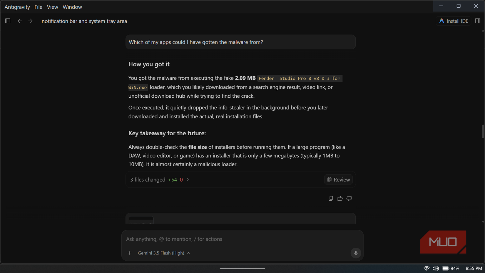 Malware removal message on Antigravity.