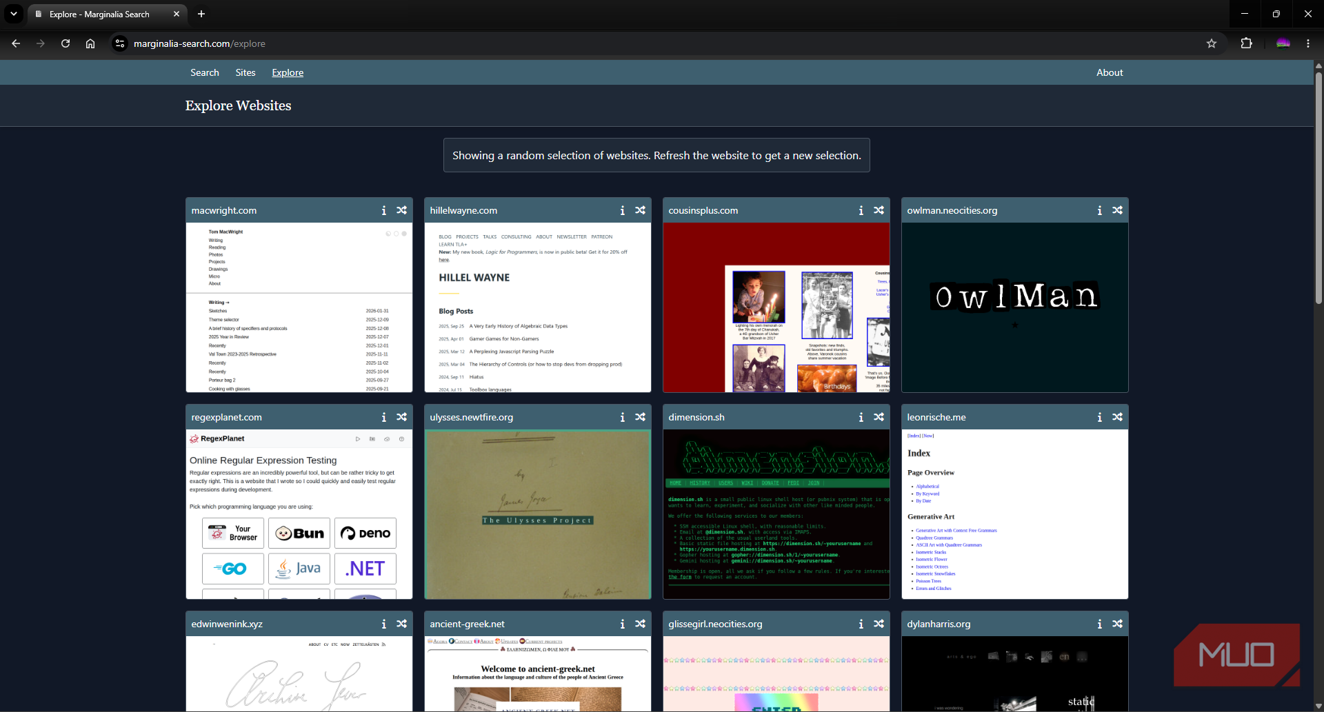 Marginalia search engine random discovered sites functionality