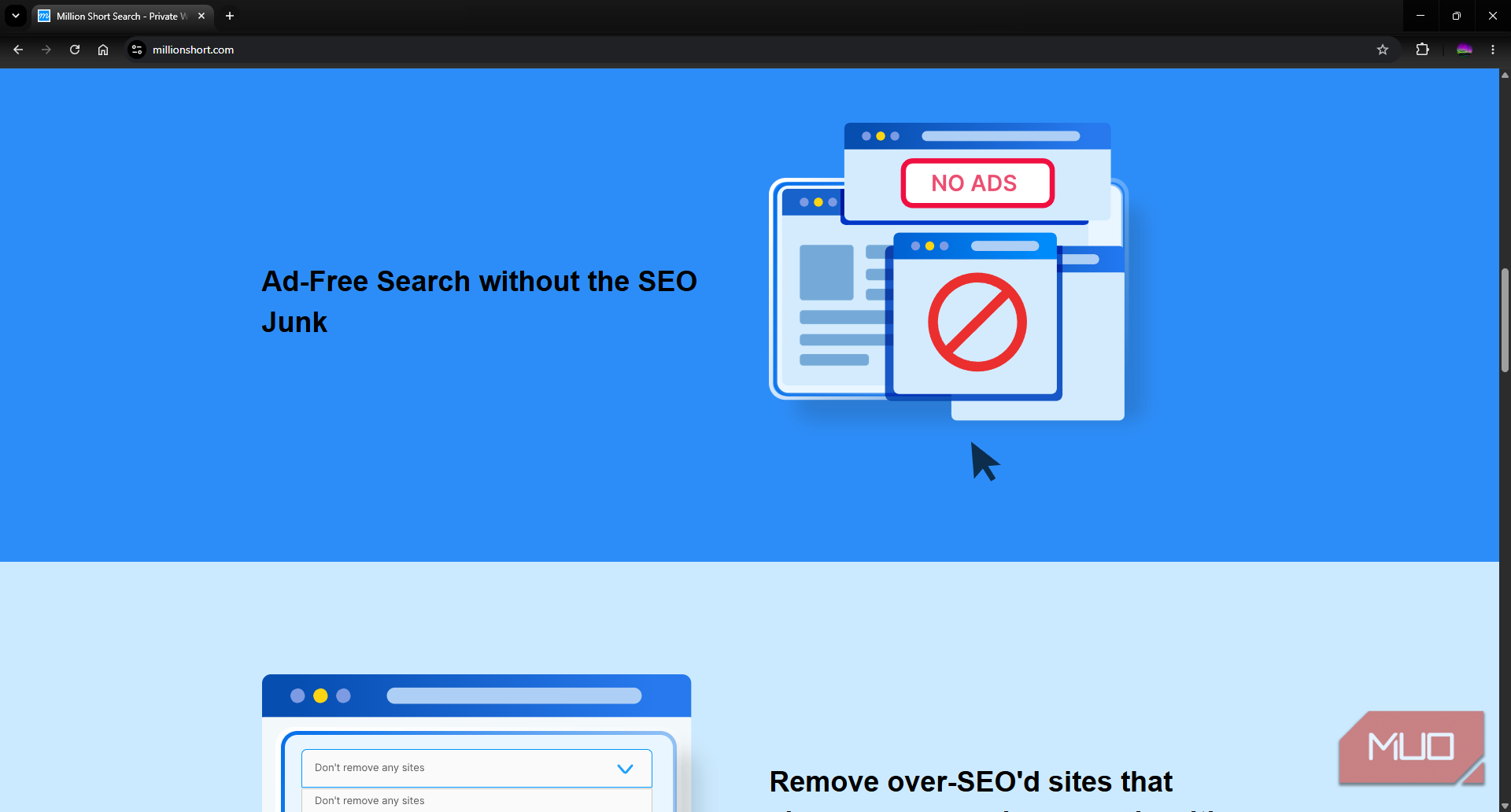 Million Short search engine features page