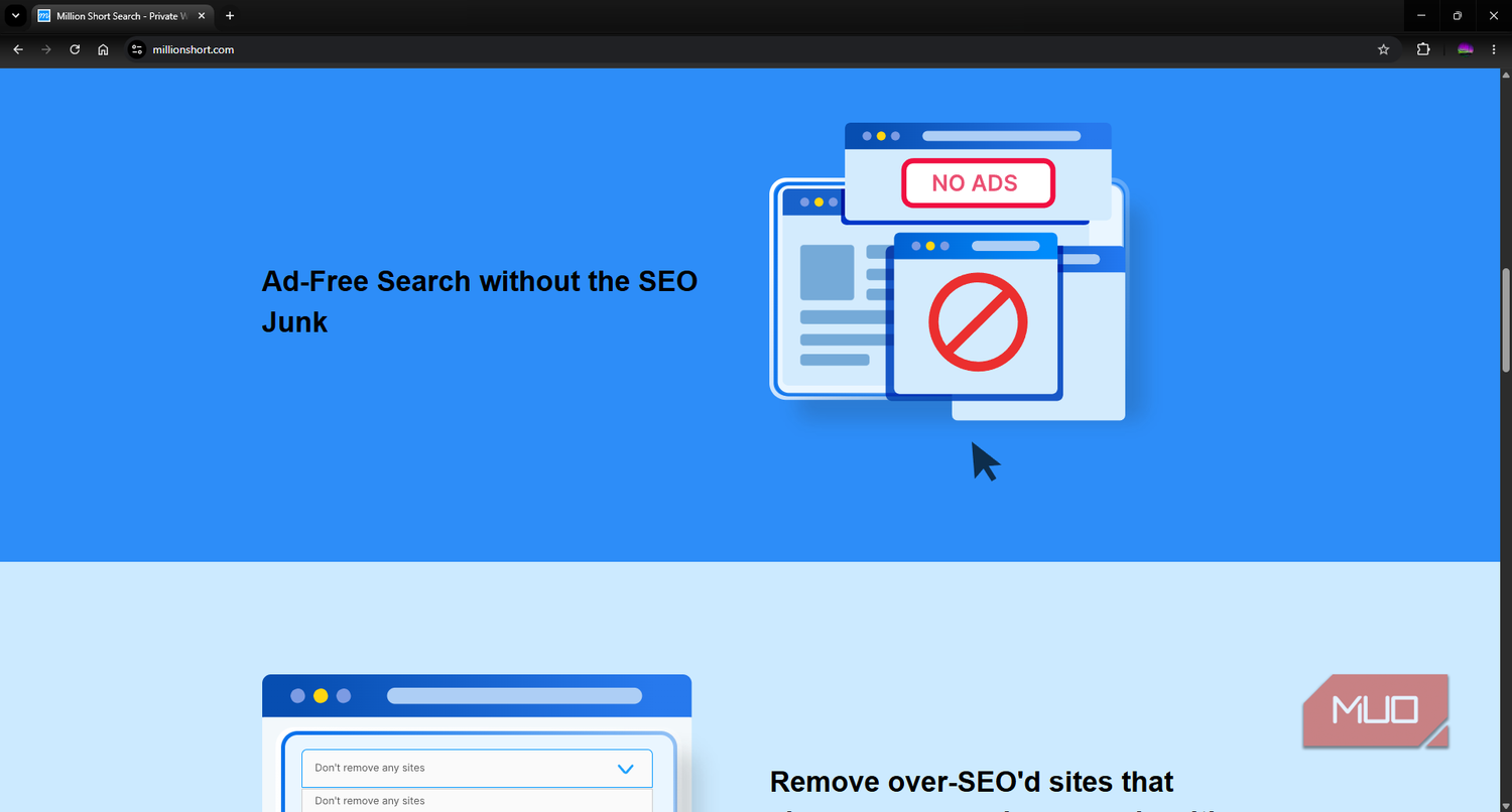 Million Short search engine features page