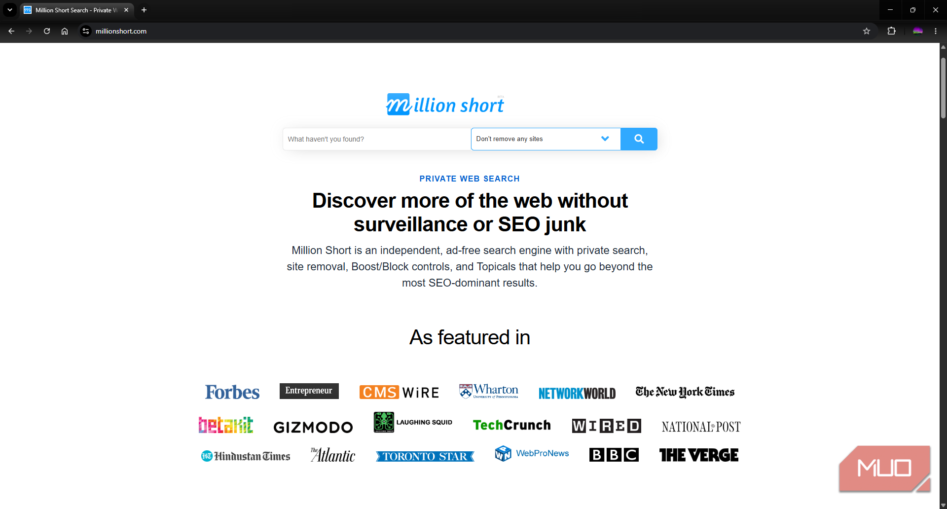 Million Short search engine landing page
