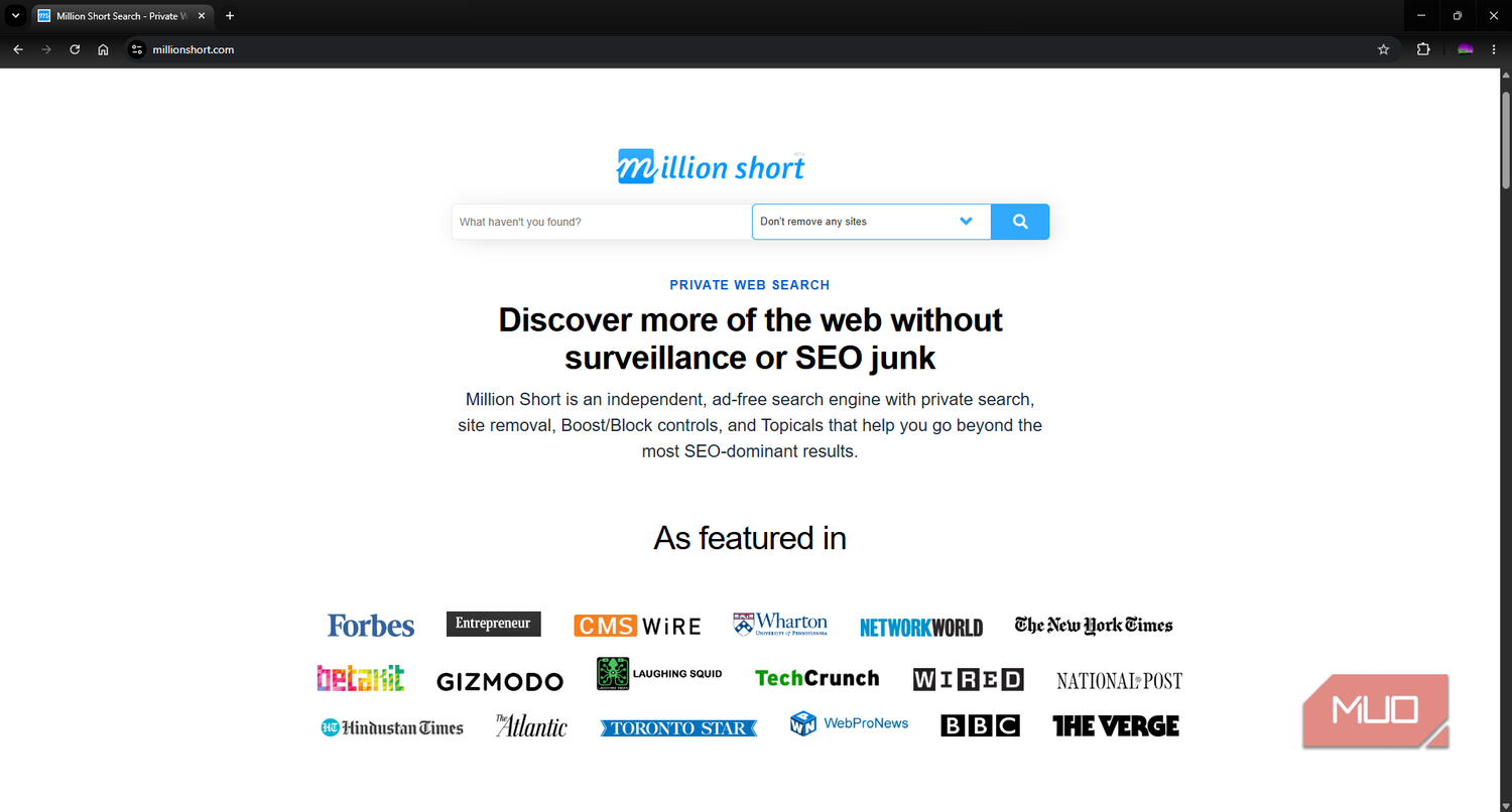 Million Short search engine landing page