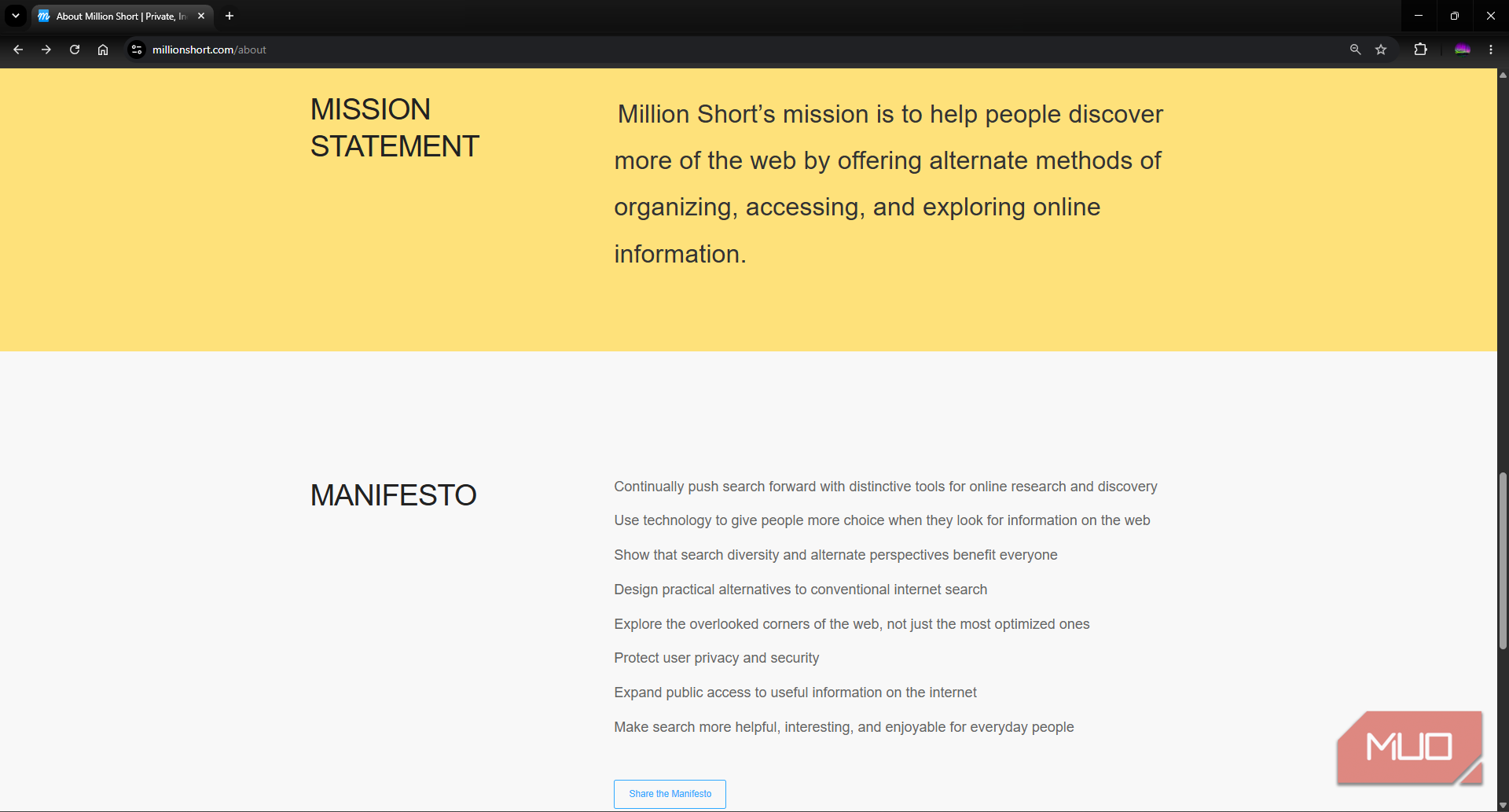 Million Short search engine manifesto and mission statement page