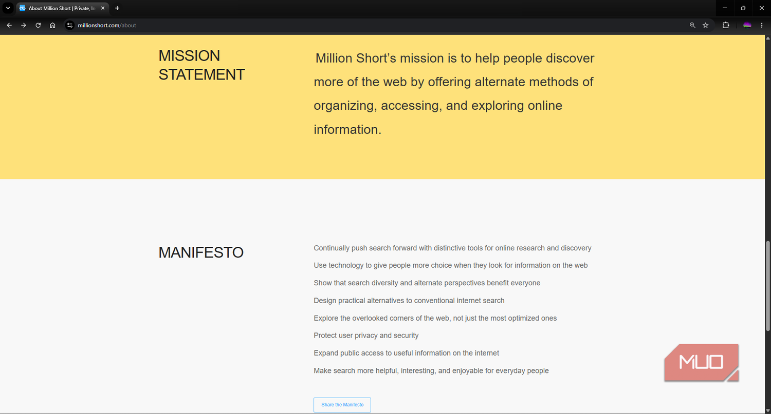 Million Short search engine manifesto and mission statement page