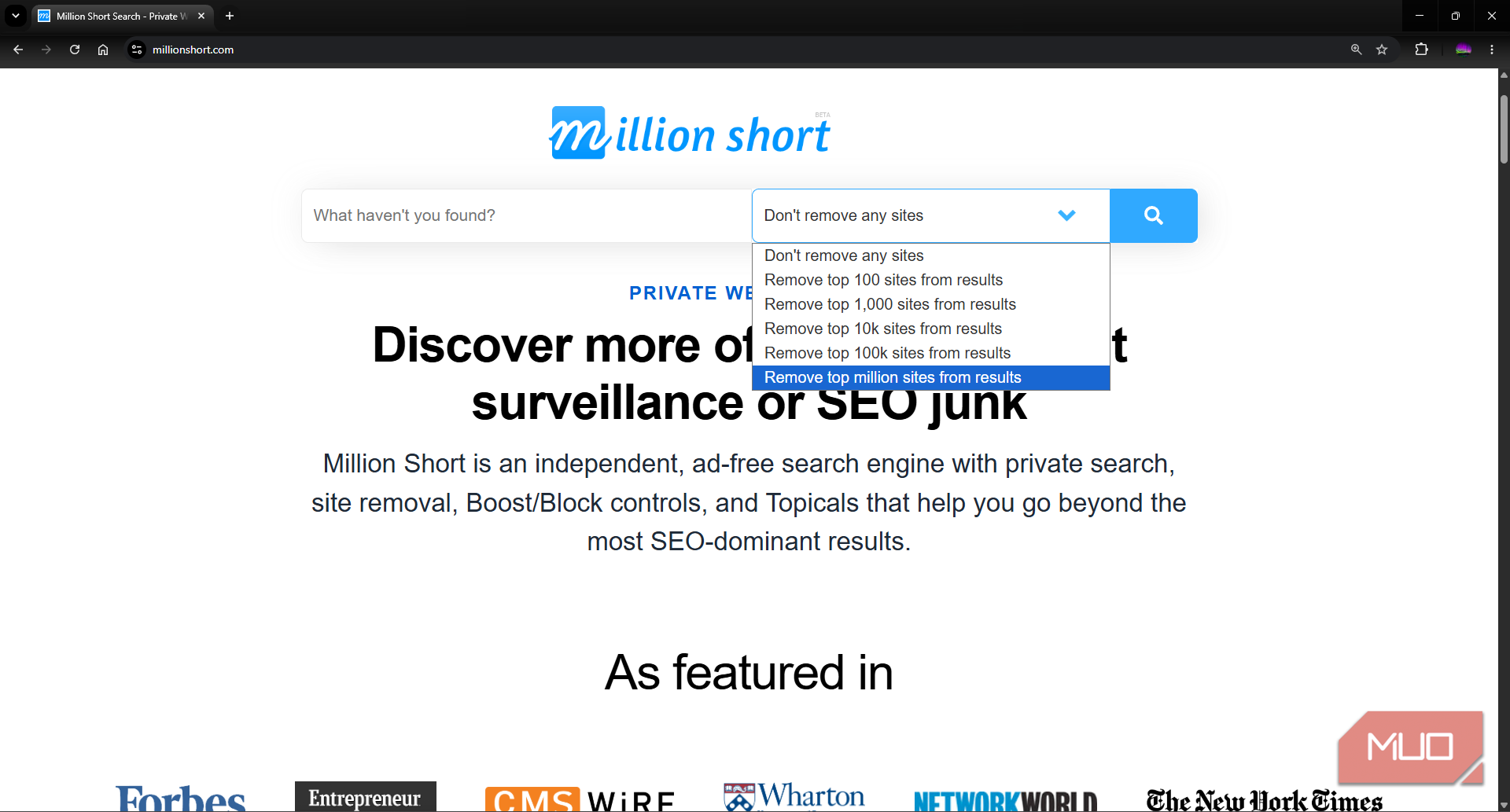 Million Short search engine showing options to remove top search results