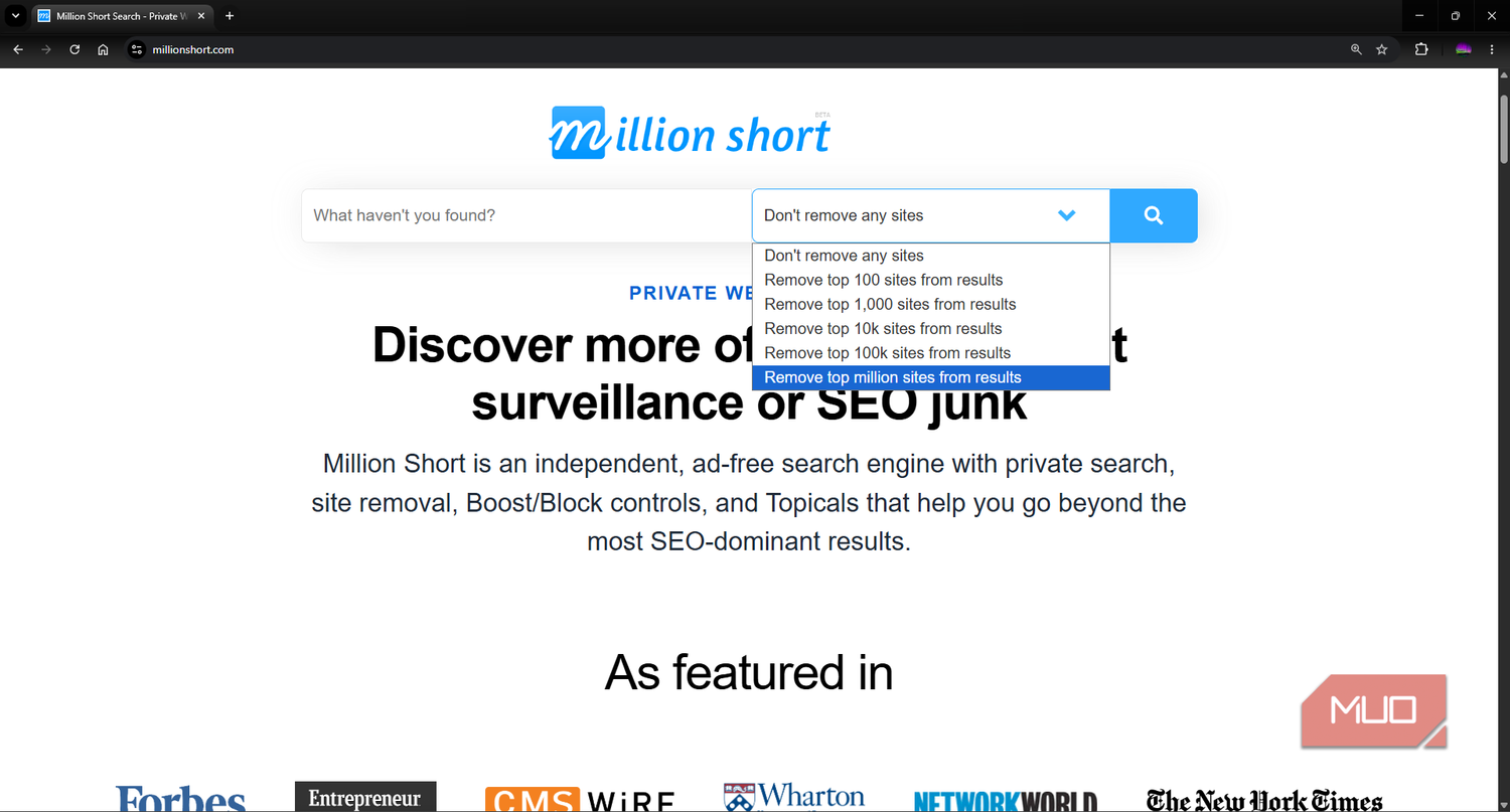 Million Short search engine showing options to remove top search results