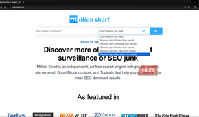 Million Short search engine showing options to remove top search results