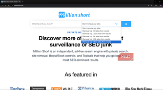 Million Short search engine showing options to remove top search results