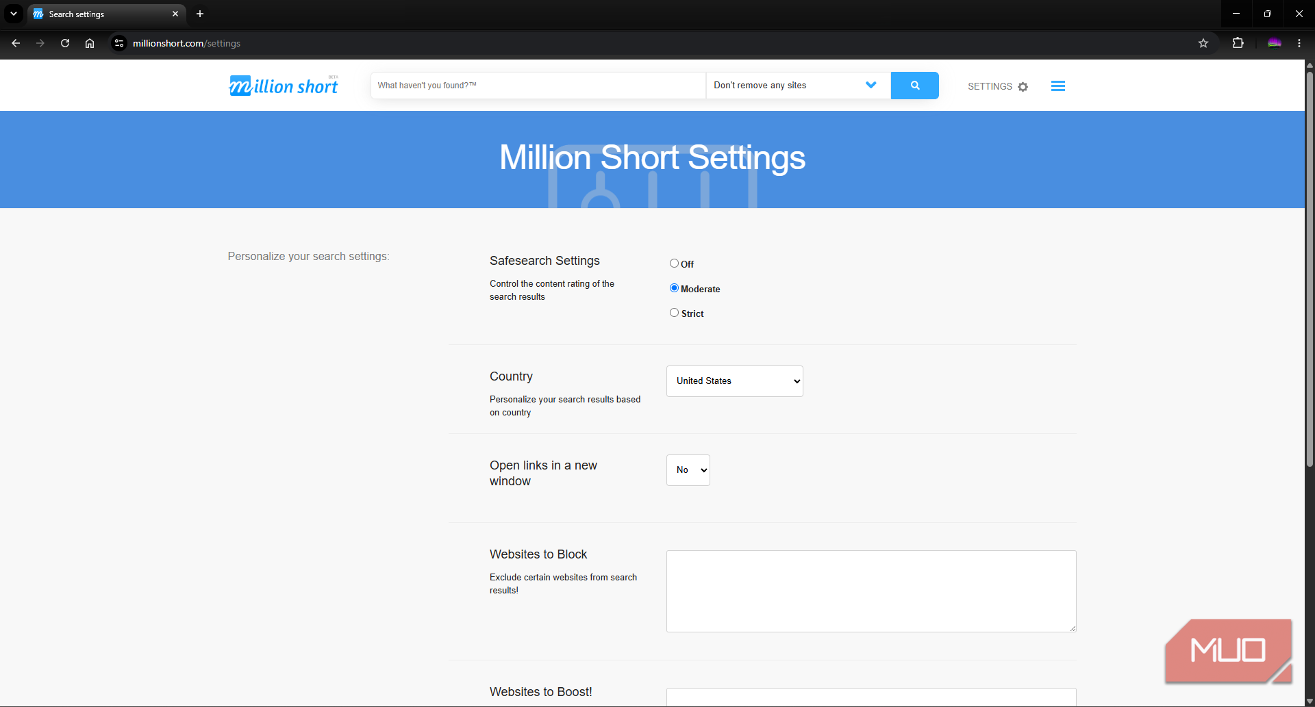 Million Short search engine settings page for granular search