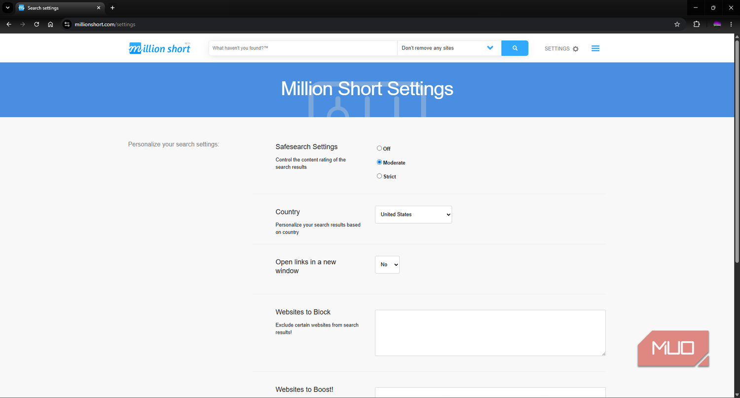 Million Short search engine settings page for granular search
